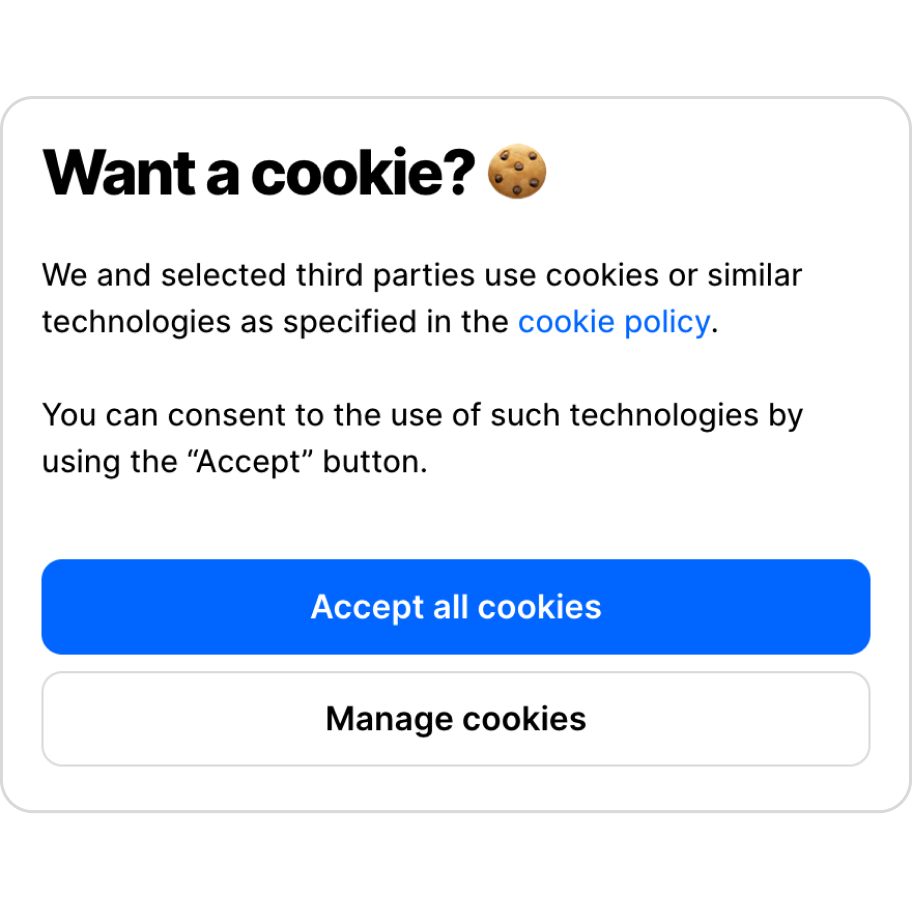 A white cookie consent popup on a website with options to 'Accept all cookies' and 'Manage cookies.'