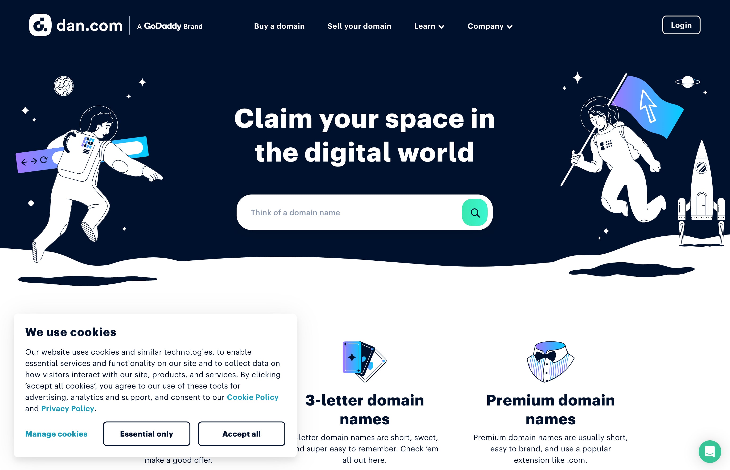 A website with a cookie consent banner with 'Manage cookies,' 'Essential only,' and 'Accept all' options.