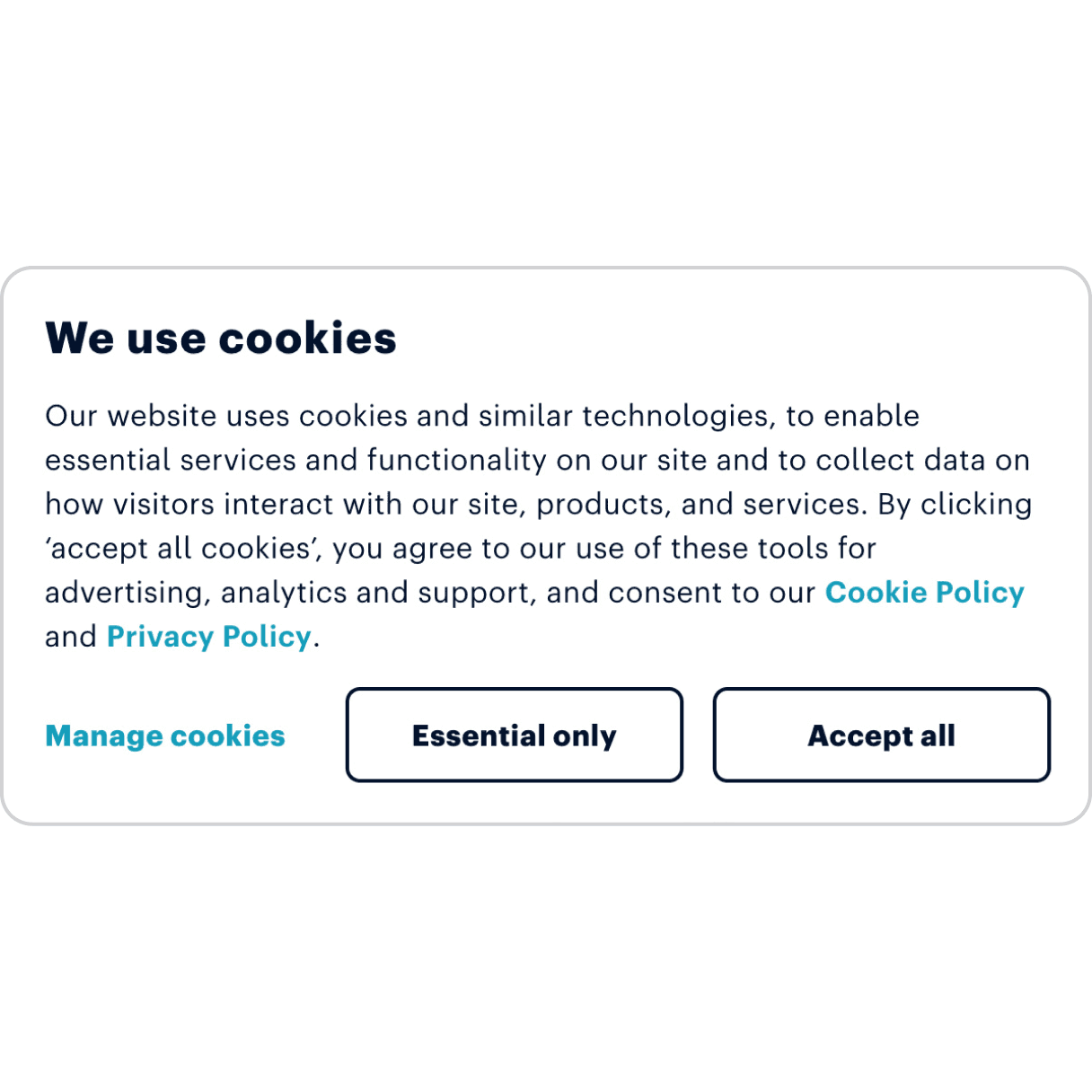 A cookie consent banner with 'Manage cookies,' 'Essential only,' and 'Accept all' options.