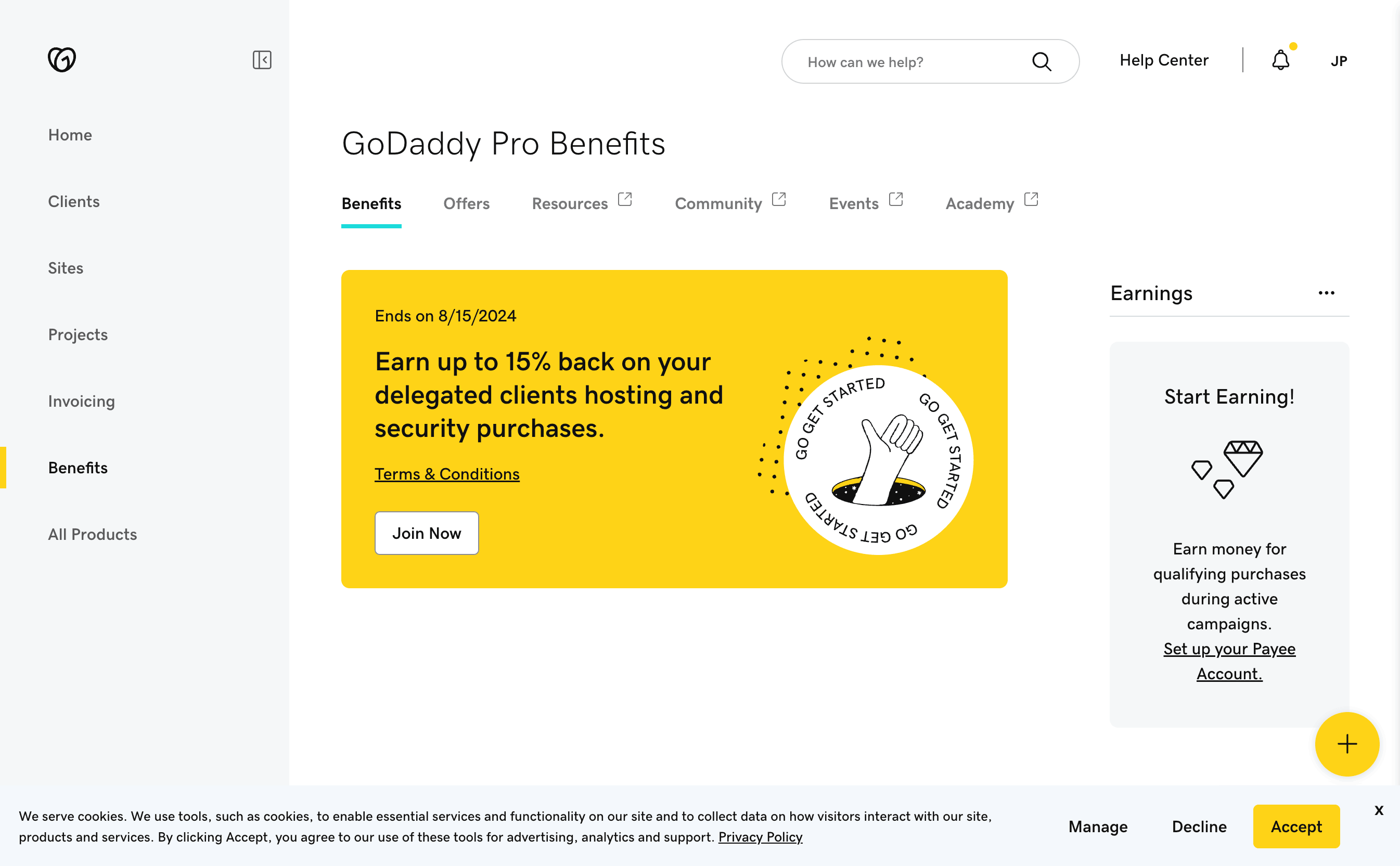 A good cookie banner at the bottom asking to manage, decline, or accept cookies for site functionality.