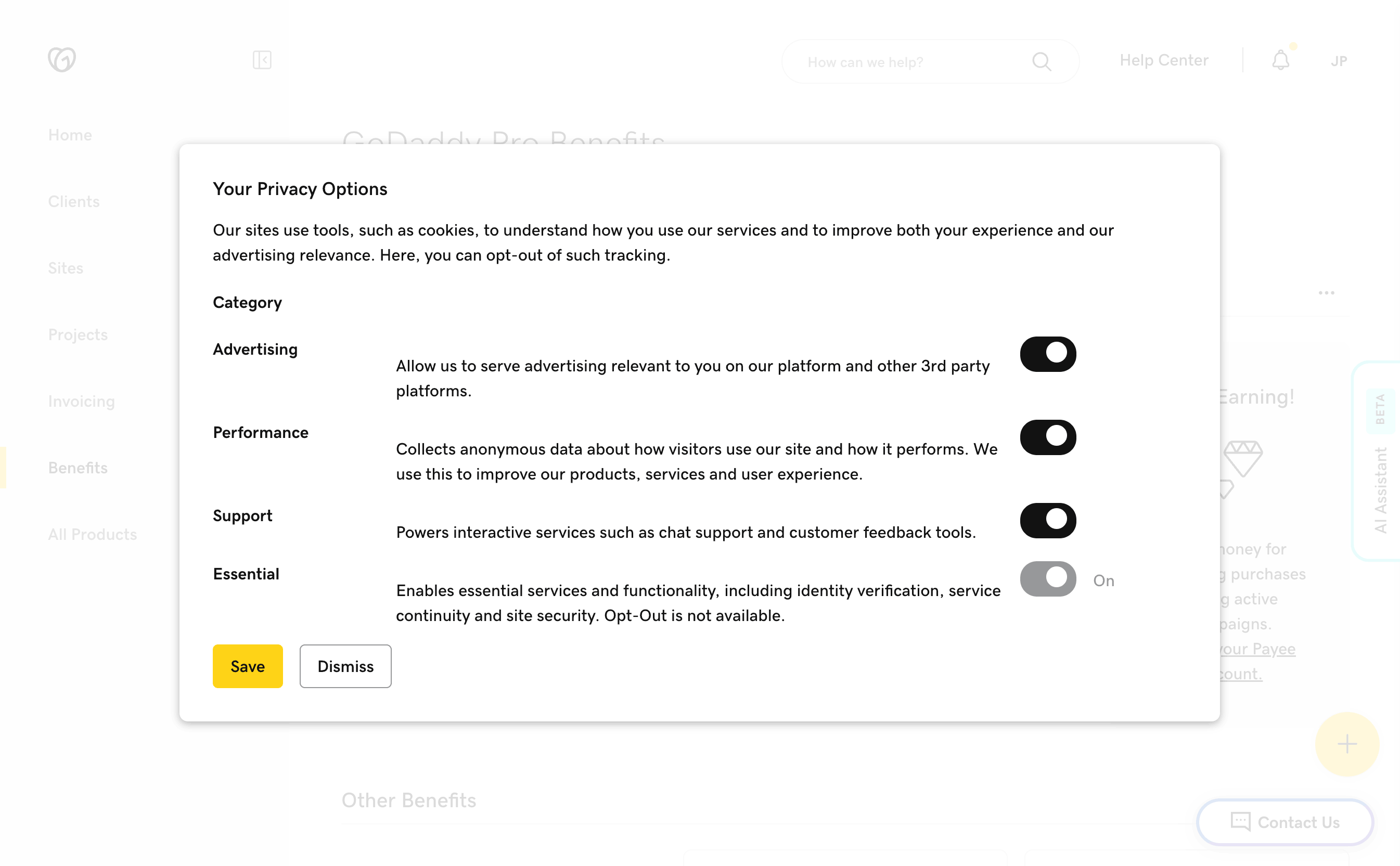 Privacy options menu listing advertising, performance, support, and essential cookies with toggles, and 'Save' or 'Dismiss' buttons.