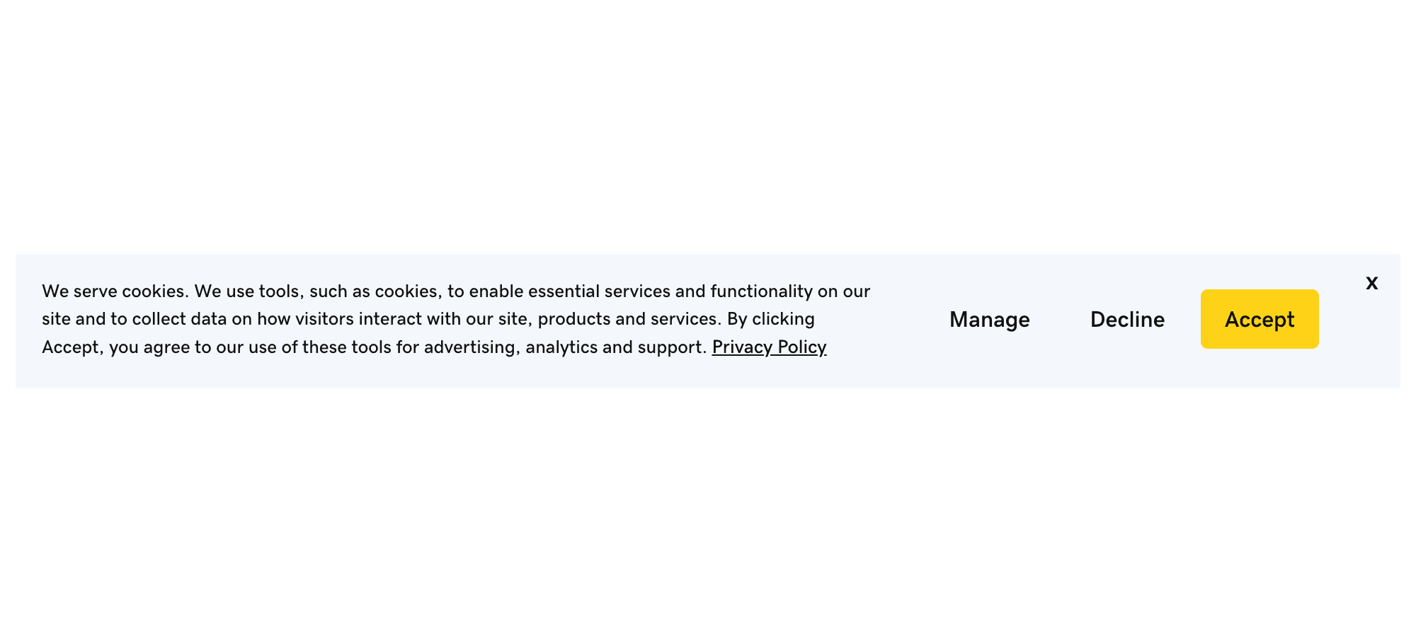 A good cookie banner at the bottom asking to manage, decline, or accept cookies for site functionality.