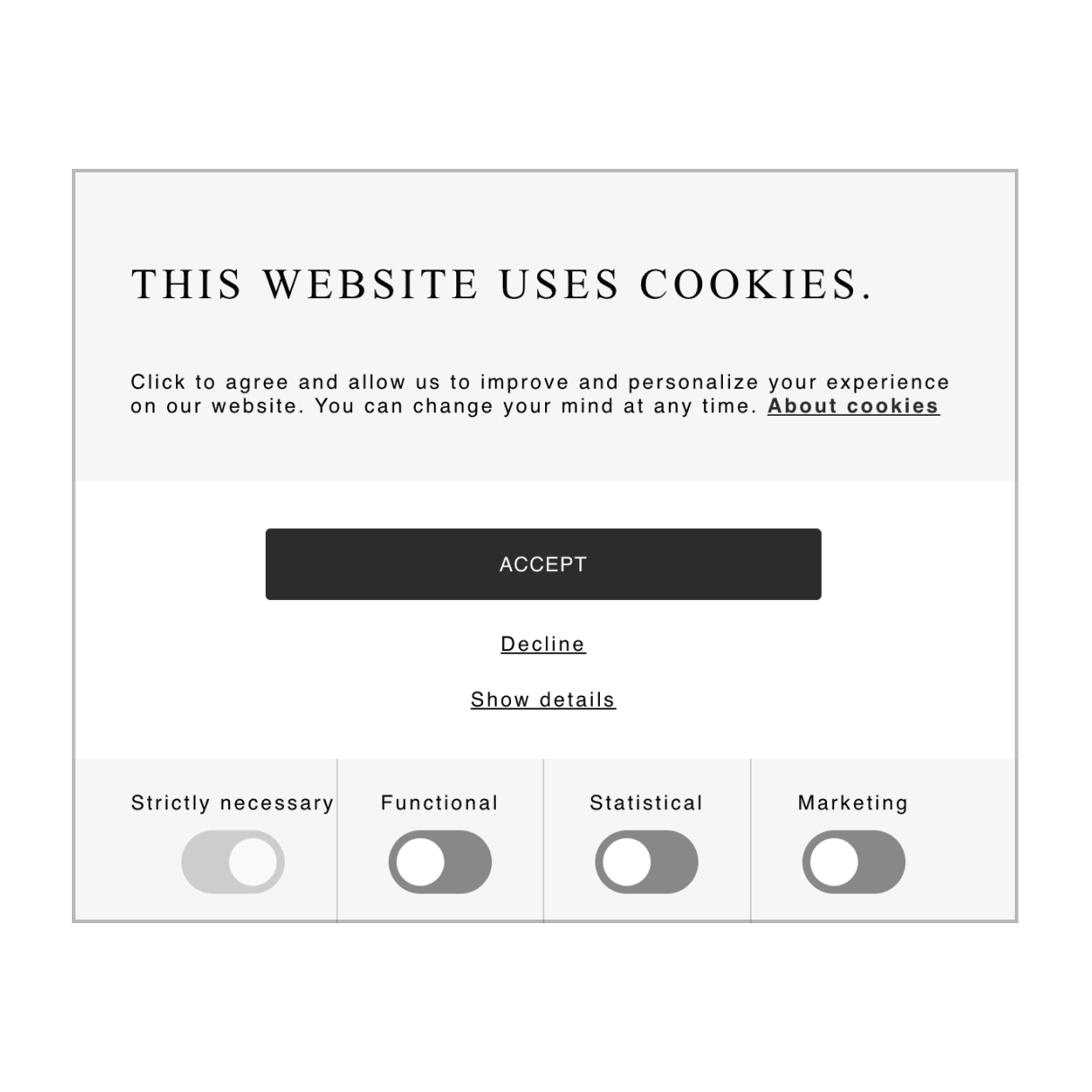 Cookie consent box detailing the types of cookies a website uses and an 'accept' button.