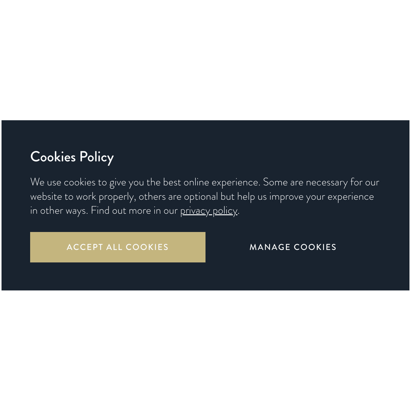 A cookies policy banner with 'ACCEPT ALL COOKIES' and 'MANAGE COOKIES' options.