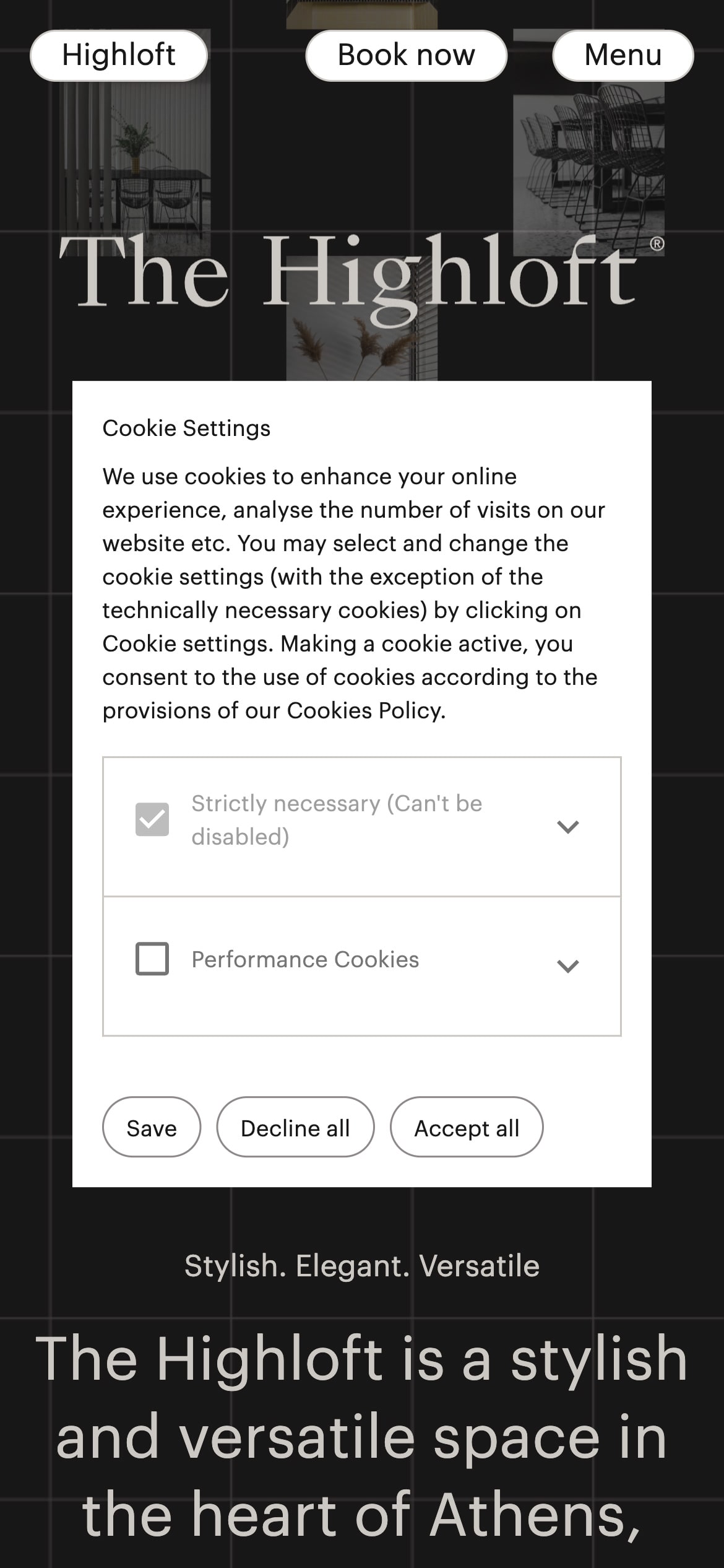 A cookie settings modal detailing the types of cookies a website uses with 'save' 'decline all' and 'accept all' options.