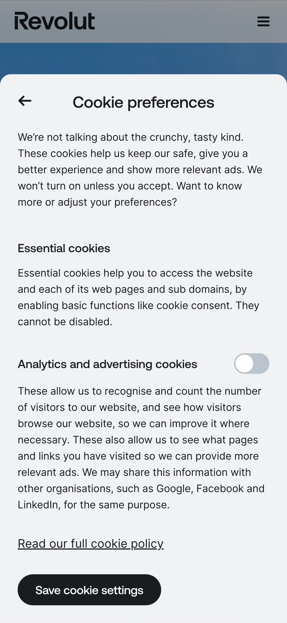 The Cookie Policy page of Revolut with an option to save cookie settings.