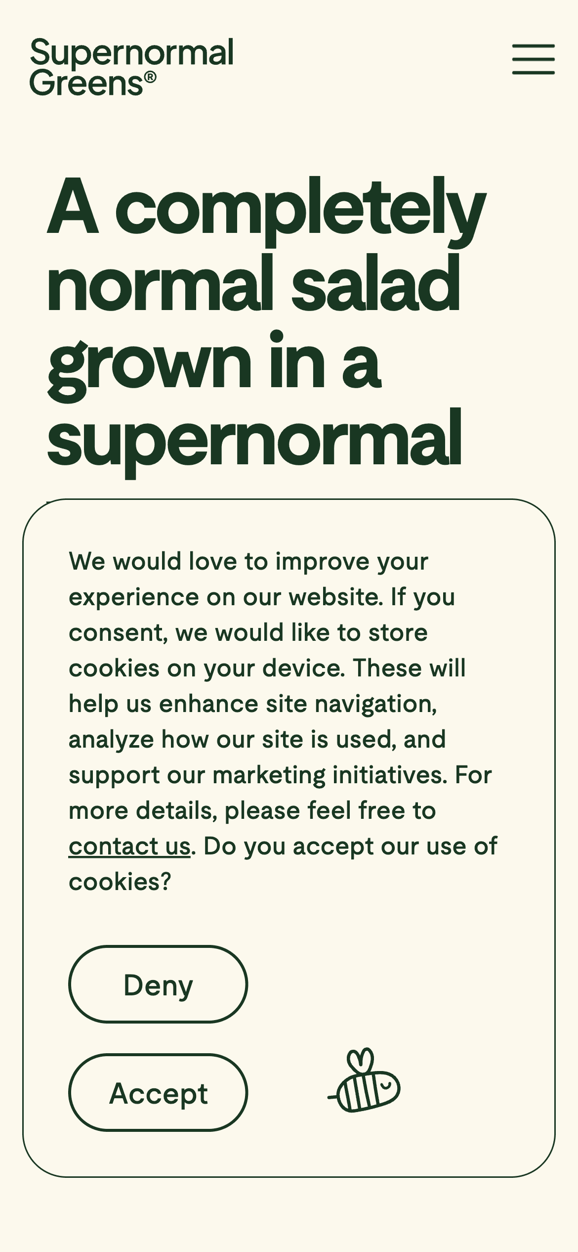 A responsive website with a cookie banner near the bottom with "deny" and "accept" buttons