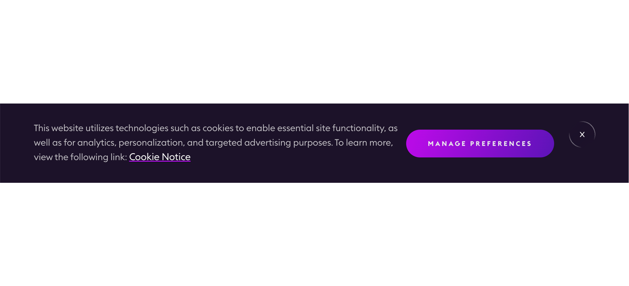 A cookie consent banner with "MANAGE PREFERENCES" and no consent button.